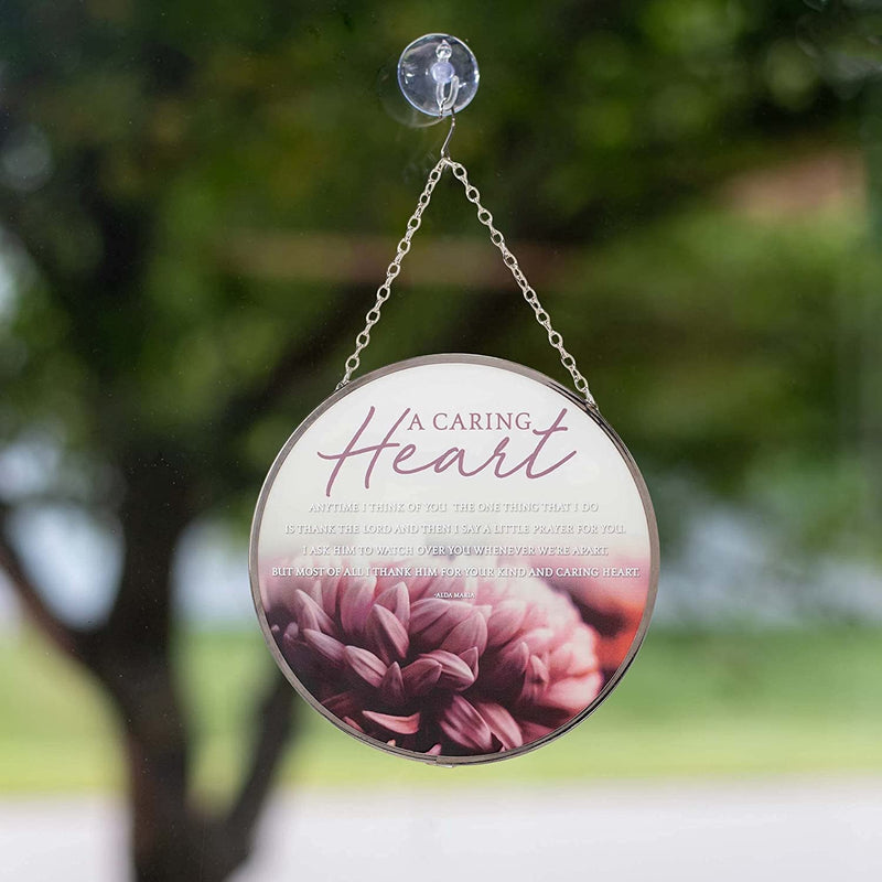 A Caring Heart Poem Floral Pink 6 x 6 Glass Sun Catcher with Suction Cup