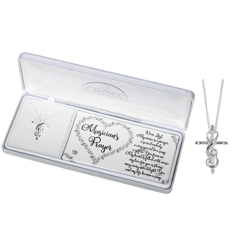 Cross Musician's Prayer Treble Clef Silver-Plated 20-Inch Pendant Necklace