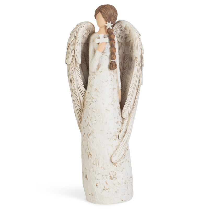 Speckled Cream Angel with Textured Wings and Cross 8 inch Resin Decorative Tabletop Figurine