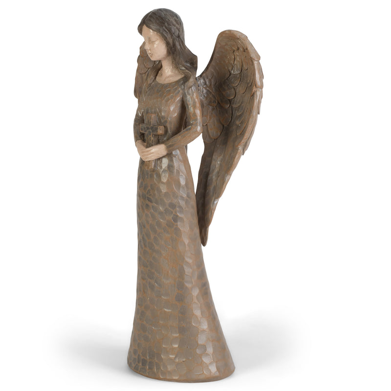 Cinnamon Brown Textured Angel with Cross 10 inch Resin Decorative Tabletop Figurine