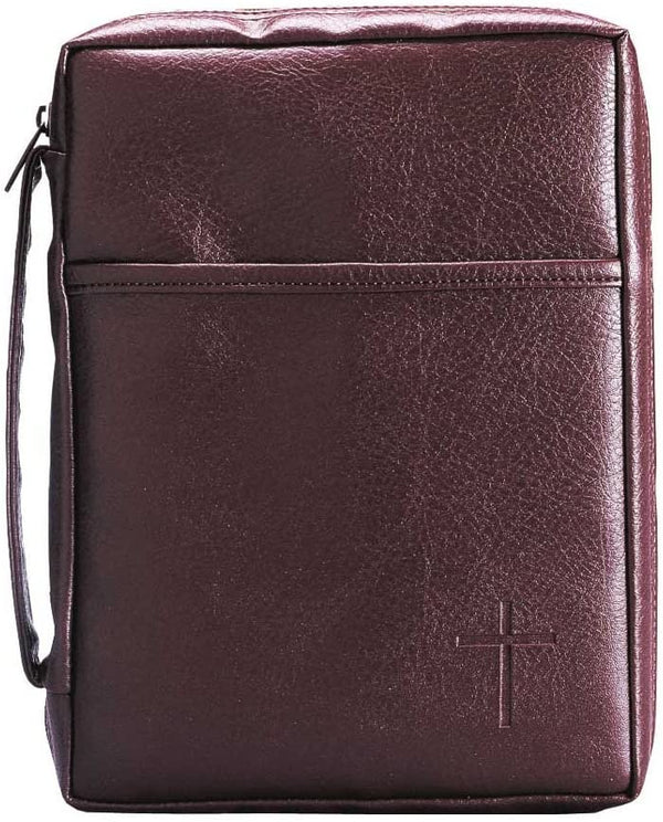 Burgundy Embossed Cross with Front Pocket Leather Look Bible Cover with Handle, X-Large
