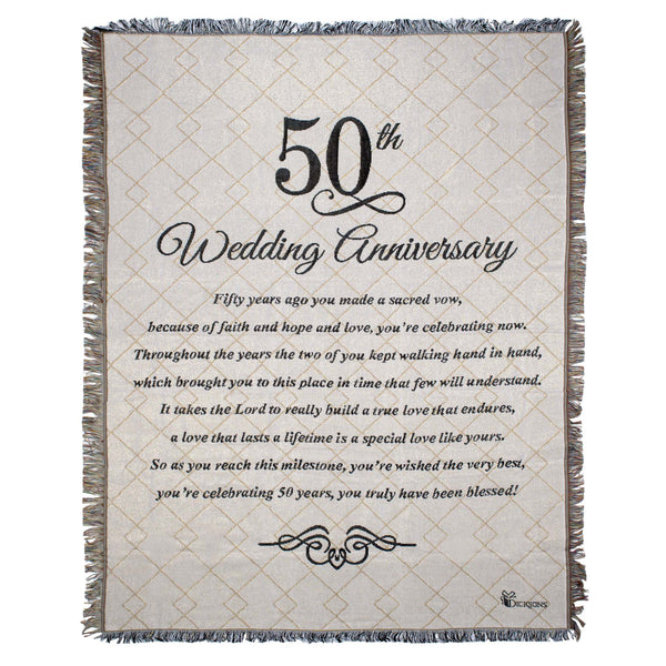 50th Wedding Anniversary Poem Gold Shimmer 48 x 68 Cotton Tapestry Throw Blanket