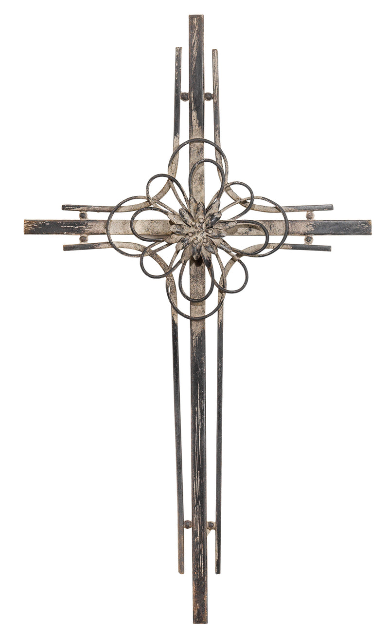 Weathered Whitewash Flower Cross 9 x 16 Metal Decorative Wall Tabletop Cross Figurine