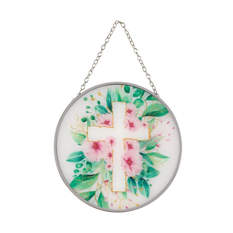 Pink Floral Cross Round 6 x 6 Glass Decorative Sun Catcher with Suction Cup