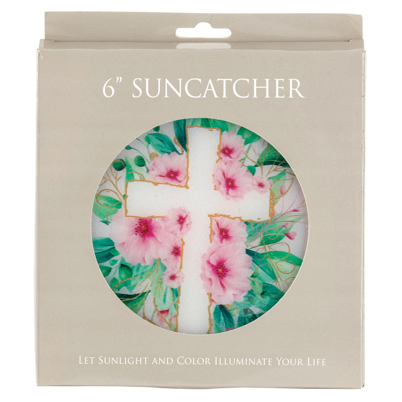Pink Floral Cross Round 6 x 6 Glass Decorative Sun Catcher with Suction Cup