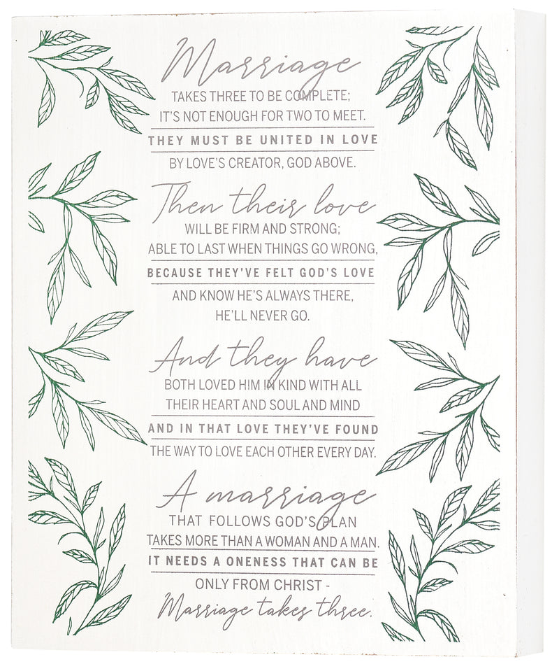 Marriage Takes Three Green Foliage 10 x 8 MDF Decorative Wall and Tabletop Sign Plaque