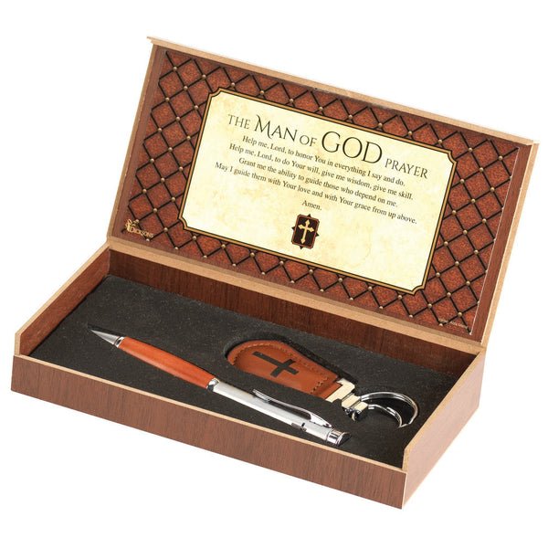 Man of God Prayer Natural Brown 7.5 x 4 Metal Pen and Key Chain Boxed Gift Set