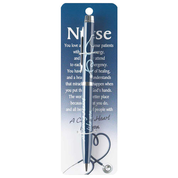 Caring Heart Nurse Navy Blue Chrome Metal Twist Open Black Ink Ballpoint Pen