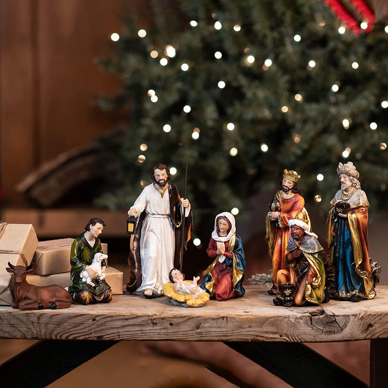 Antiqued Colorful Nativity 8 x 3.5 Resin Decorative Tabletop Figurine Set 8