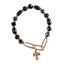 Dicksons Multi Bead Cross Charm 2.5 Inch Black and Gold Plated Wood Glass and Acrylic Women's Stretch Bracelet