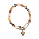 Dicksons Multi Bead Cross Charm 2.5 Inch Brown and Gold Plated Wood Glass and Acrylic Women's Stretch Bracelet