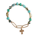 Dicksons Multi Bead Cross Charm 2.5 Inch Teal and Gold Plated Wood Glass and Acrylic Women's Stretch Bracelet