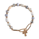 Dicksons Multi Bead Cross Charm 2.5 Inch Grey White and Gold Plated Wood Glass and Acrylic Women's Stretch Bracelet