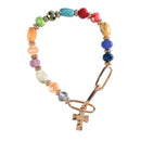 Dicksons Rainbow Colored Multi Bead Cross Charm 2.5 Inch Wood Glass and Acrylic Women's Stretch Bracelet