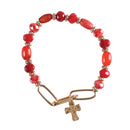 Dicksons Multi Bead Cross Charm 2.5 Inch Red Crimson and Gold Plated Wood Glass and Acrylic Women's Stretch Bracelet