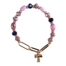 Dicksons Multi Bead Cross Charm 2.5 Inch Purple and Gold Plated Wood Glass and Acrylic Women's Stretch Bracelet