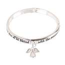 Dicksons Angel Blessing Engraved Stretch Bracelet for Women Silver-Tone Bangle with Mother of Pearl Angel Charm Religious Faith Jewelry