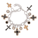 Dicksons Multi-Tone Multi-Cross Charm Bracelet for Women Silver & Gold Plated Oval Link Chain Religious Faith Jewelry