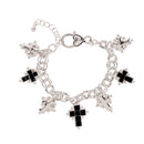 Dicksons Multi-Cross Chunky Charm Bracelet for Women Silver-Tone Ring Chain with Black Enamel Accents Religious Faith Jewelry