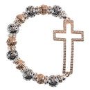 Dicksons Elegant Two-Tone Beaded Stretch Bracelet with Large Crystal Sideways Cross Charm Silver & Gold Tone Filigree Religious Statement Jewelry