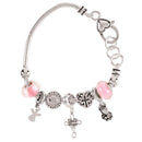 Dicksons The Lord's Prayer Angel & Cross Charm Bracelet Elegant Silver-Tone Snake Chain with Pink Glass Beads Religious Faith Jewelry