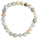 Dicksons Amazonite Stone Beaded Bracelet for Women Natural Pastel Crystallite Beads Silver Tone Cross Charm | Stretch Fit Faith Jewelry