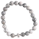 Dicksons Jasper Stone Beaded Bracelet for Women Natural Grey & White Crystal Beads with Silver Tone Cross Charm | Stretch Fit Faith Jewelry