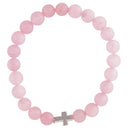 Dicksons Rose Quartz Like Stone Beaded Bracelet for Women & Men Natural Pink Crystallite Beads with Silver Tone Cross Charm | Stretch Fit Faith & Love Jewelry