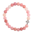 Dicksons Pink & Peach Natural Stone Beaded Bracelet for Women Subtle Pastel Healing Crystallite Beads with Silver Tone Cross Charm | Stretch Fit Faith Jewelry