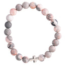 Dicksons Zebra Jasper Stone Beaded Bracelet for Women Natural Grey, White & Pinkish Healing Crystal Beads with Silver Tone Cross Charm | Stretch Fit Faith Jewelry