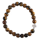 Dicksons Tiger Eye Natural Stone Beaded Bracelet for Women Crystallite Beads with Silver Tone Cross Charm | Stretch Fit Faith & Protection Jewelry