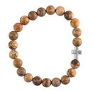 Dicksons Jasper Natural Stone Beaded Bracelet for Women Earthy Tan & Brown Healing Crystal Beads with Silver Tone Cross Charm | Stretch Fit Faith Jewelry