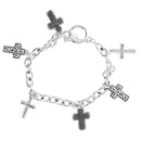 Dicksons Multi-Cross Charm Bracelet for Women Assorted Silver Tone Crosses on Oval Link Chain with Toggle Clasp | Elegant Christian Jewelry Giftable