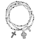 Dicksons Multi-Cross Triple Stack Beaded Bracelet for Women Silver Tone Cube Beads with Assorted Cross Charms | Stretch Fit Christian Jewelry Giftable