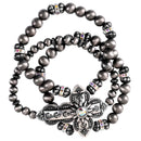 Dicksons Triple Stack Beaded Bracelet for Women Silver Tone Beads with Western Style Sideways Cross Charm | Stretch Fit Boho Christian Jewelry Giftable