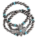 Dicksons Triple Stack Beaded Bracelet for Women Silver Tone Beads with Turquoise Accents & Western Style Cross Charm | Stretch Fit Boho Christian Jewelry Giftable