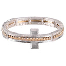 Dicksons Bold Sideways Cross Stretch Bracelet Modern Two-Tone Silver & Gold Plated Textured Bangle Religious Faith Jewelry
