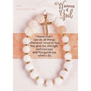 Dicksons Woman of God with Dangle Cross Charm - 2.5 Inch Ecru Pink Agate Stone, Glass and Gold Plated Women's Stretch Bracelet