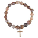 Dicksons Natural Green Agate Stone Beaded Stretch Bracelet Earthy Crackle Finish with Gold-Tone Cross Charm Rustic Faith Jewelry