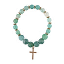 Dicksons Natural Blue Agate Stone Beaded Stretch Bracelet Earthy Crackle Finish with Silver-Tone Cross Charm Rustic Faith Jewelry