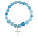 Dicksons Natural Pink Agate Stone Beaded Stretch Bracelet Earthy Crackle Finish with Silver-Tone Cross Charm Rustic Faith Jewelry