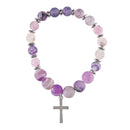 Dicksons Natural Pale Pink Agate Stone Beaded Stretch Bracelet Earthy Crackle Finish with Silver-Tone Cross Charm Rustic Faith Jewelry
