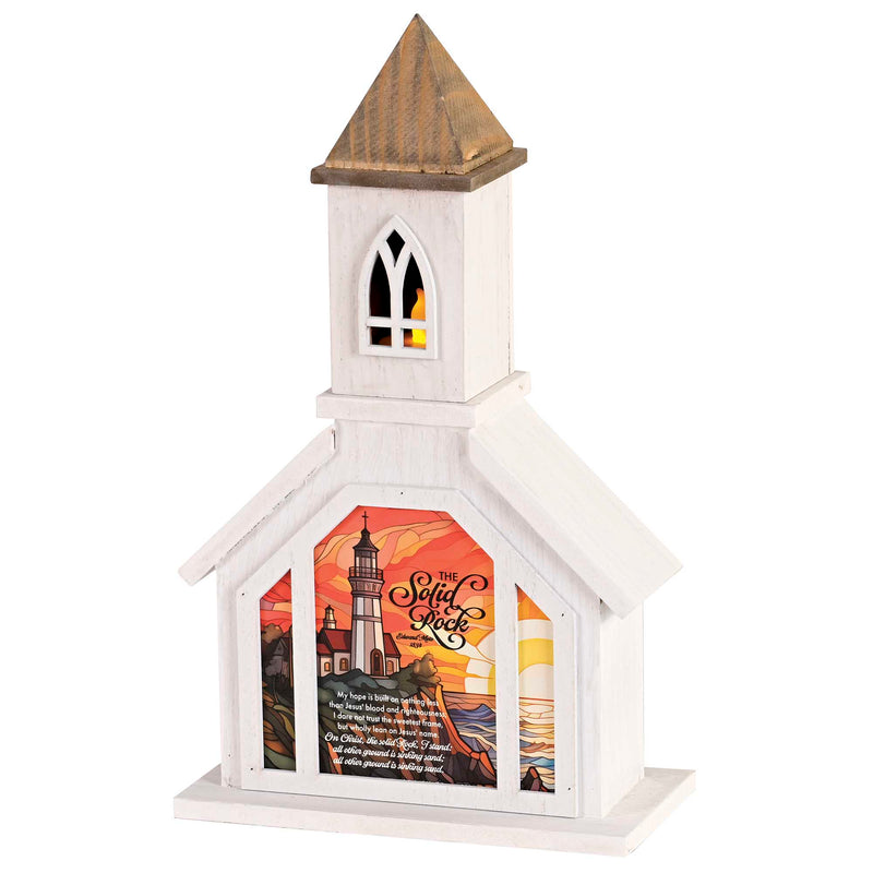 Dicksons, Classic Hymns, Inspirational Christian, 14.5 inch Tall, Table Top Decoration, Church Village Figure, Includes LED Tea Light Holder, The Solid Rock