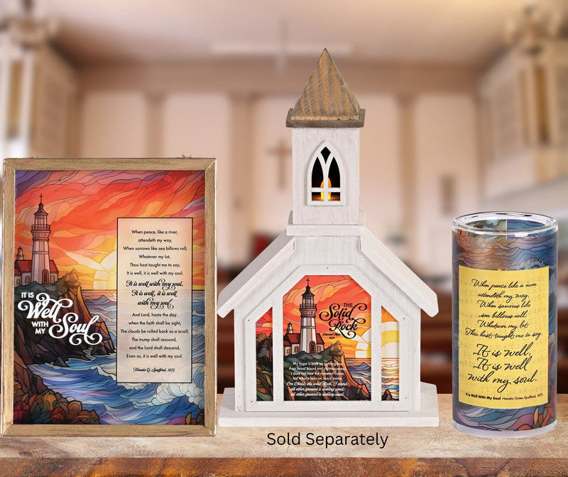 Dicksons, Classic Hymns, Inspirational Christian, 14.5 inch Tall, Table Top Decoration, Church Village Figure, Includes LED Tea Light Holder, The Solid Rock