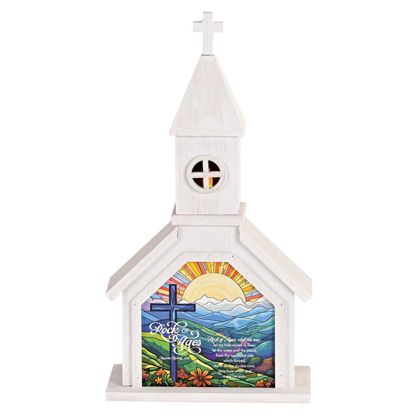 Dicksons, Classic Hymns, Inspirational Christian, 14.5 inch Tall, Table Top Decoration, Church Village Figure, Includes LED Tea Light Holder, Rock of Ages