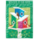 Magnolia Garden Welcome Home Birdhouses 13 x 19 Green Poly Burlap Outdoor Hanging Flag