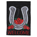 Dicksons Magnolia Garden Horseshoe Derby 18 x 13 Inch Weather Resistant Polyester Outdoor Flag Decoration For Garden, Yard, Or Walkway, Black & Red, Welcome