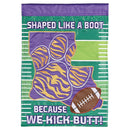 Dicksons Magnolia Garden Football 18 x 13 Inch Weather Resistant Polyester Outdoor Flag Decoration For Garden, Yard, Or Walkway, Purple and Gold Tone, Boot Because We Kick Butt