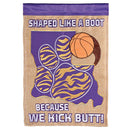 Dicksons Magnolia Garden Basketball 18 x 13 Inch Weather Resistant Polyester Outdoor Flag Decoration For Garden, Yard, Or Walkway, Purple and Gold Tone, Boot Because We Kick Butt