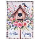 Dicksons Magnolia Garden Birdhouse Floral 18 x 13 Inch Weather Resistant Polyester Outdoor Flag Decoration For Garden, Yard, Or Walkway, Pink, Blue, & Brown, Hello Spring